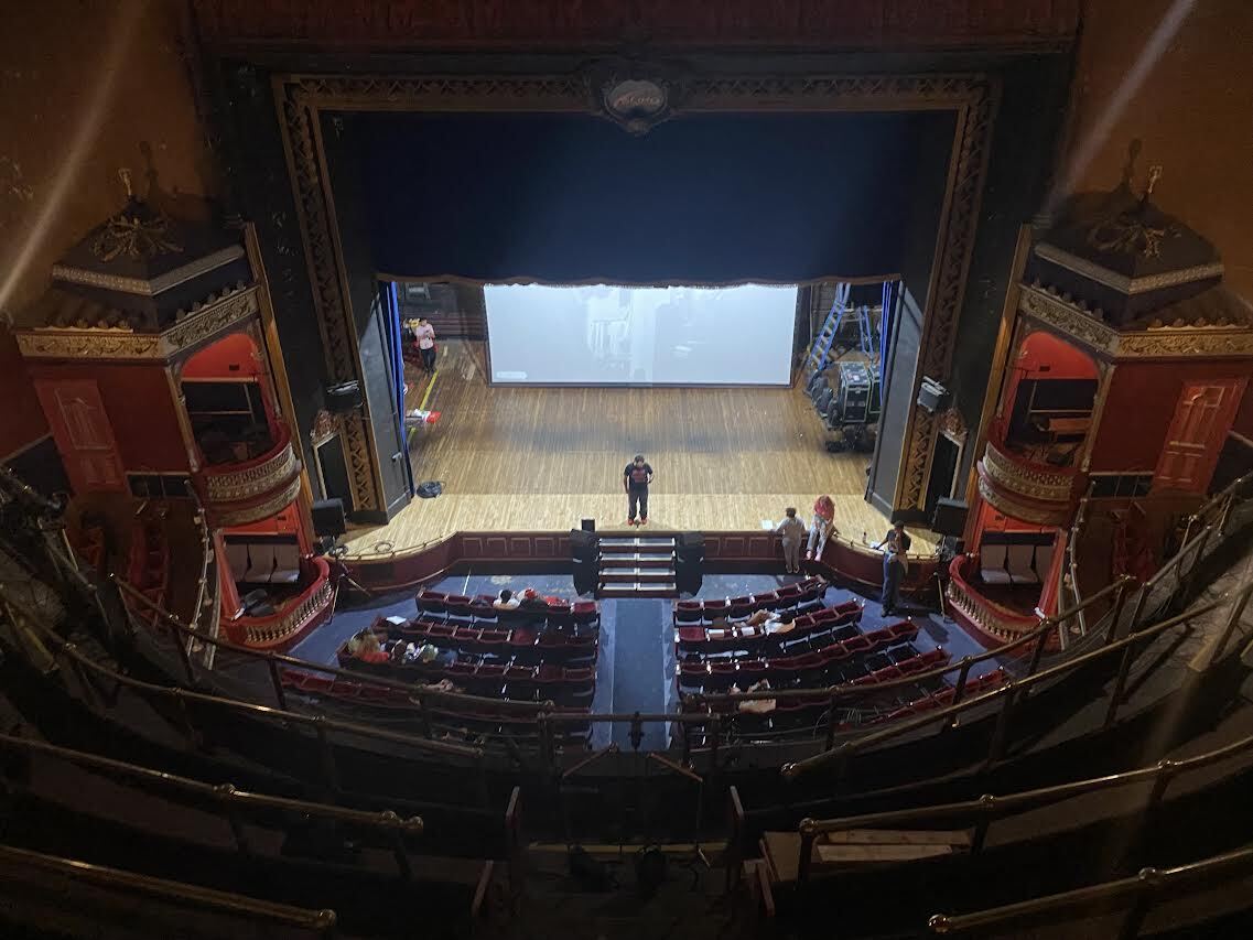 photos shows inside view of the Sorg opera house looking down onto the stage.